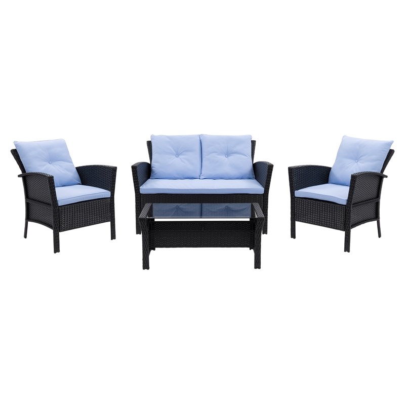 Afuera Living 4pc Wicker/Rattan Patio Set with Light Blue Cushions