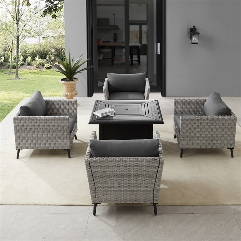 Afuera Living 5 Piece Wicker Patio Fire Table Set in Gray and Black