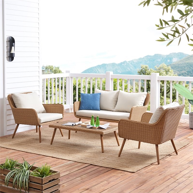 Afuera Living 4 Piece Patio Sofa Set in Light Brown and Oatmeal