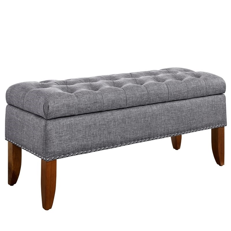 Pulaski Hinged Top Button Tufted Storage Bed Bench in Gray