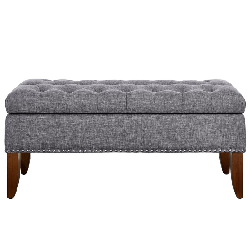 Pulaski Hinged Top Button Tufted Storage Bed Bench in Gray