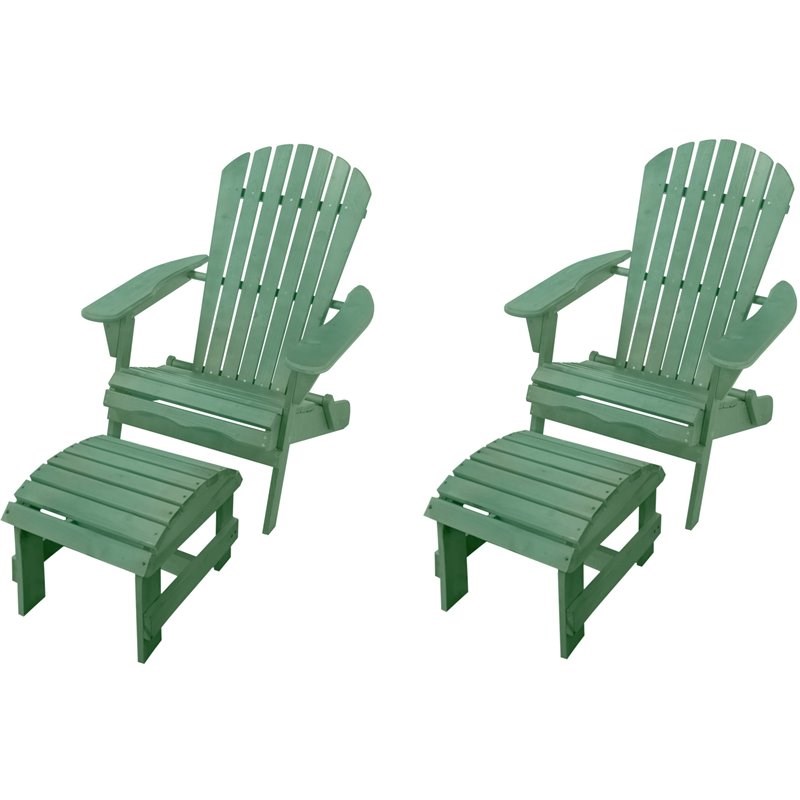 W Unlimited Oceanic 4 Piece Wooden Adirondack Chair and Ottoman Set in Sea Green