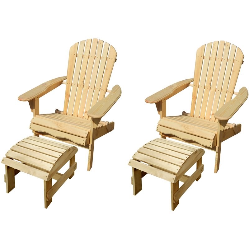 W Unlimited Oceanic 4 Piece Wooden Adirondack Chair and Ottoman Set in Natural