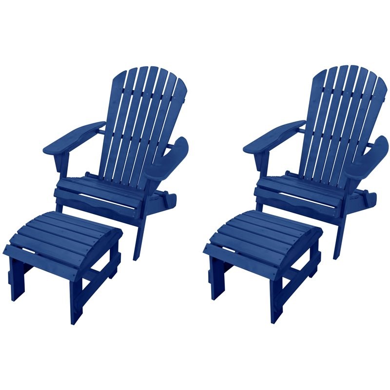 W Unlimited Oceanic 4 Piece Wooden Adirondack Chair and Ottoman Set in Navy Blue
