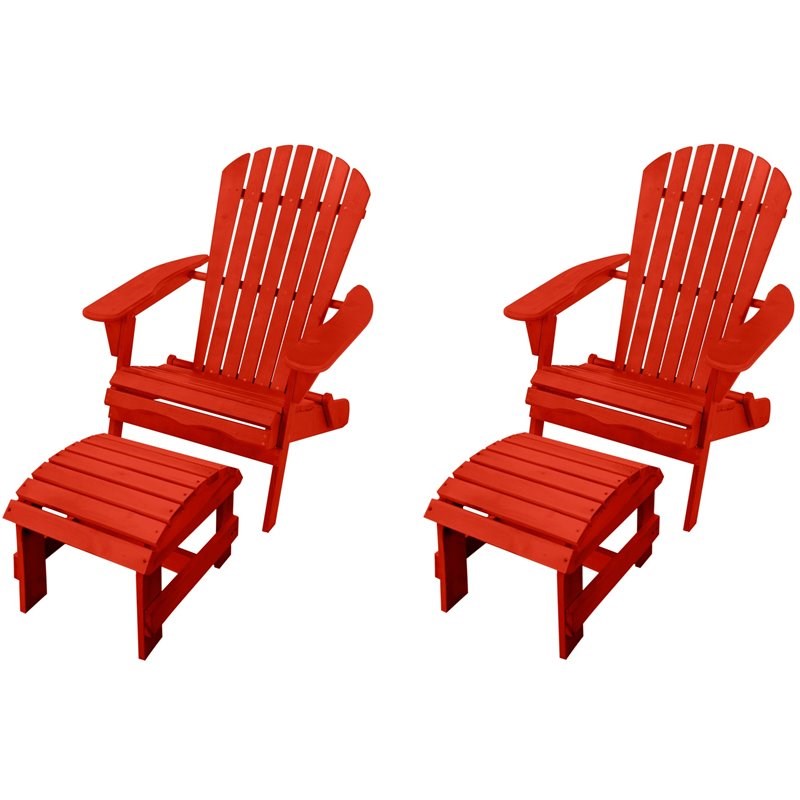 W Unlimited Oceanic 4 Piece Wooden Adirondack Chair and Ottoman Set in Red
