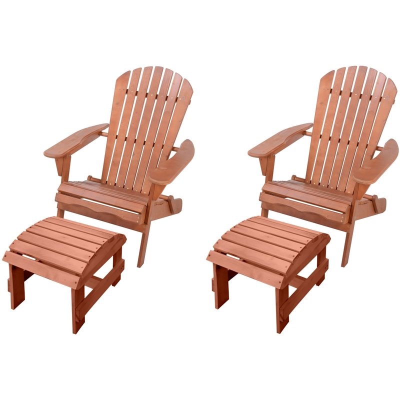 W Unlimited Oceanic 4 Piece Wooden Adirondack Chair and Ottoman Set in Walnut