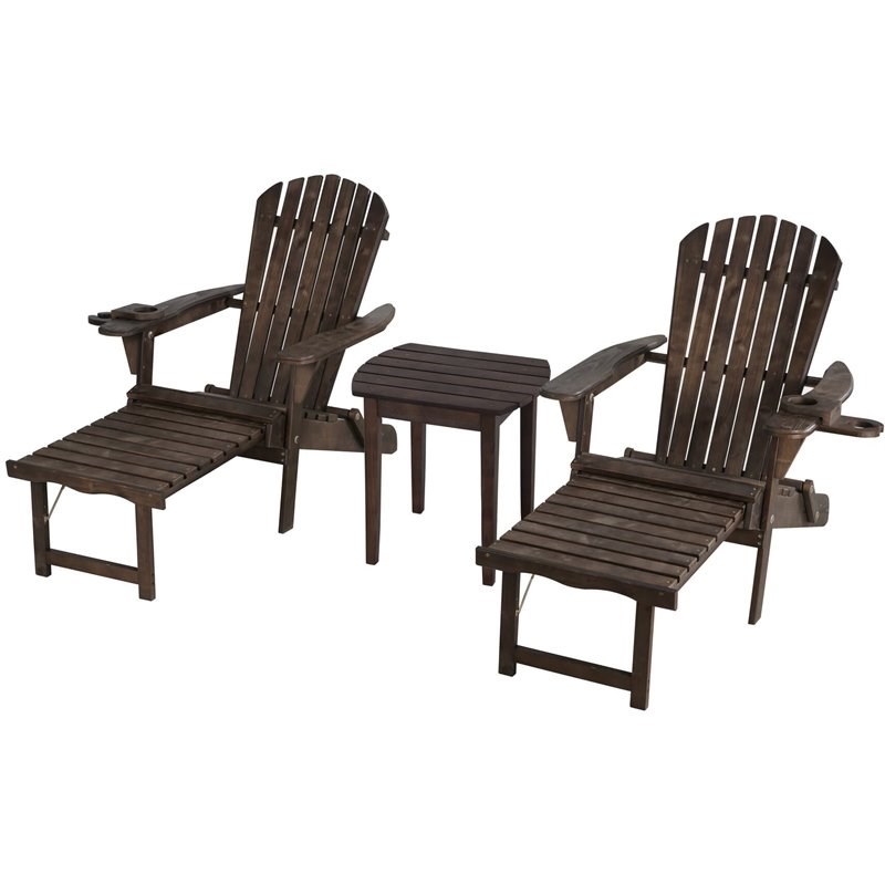 W Unlimited Oceanic 3 Piece Foldable Adirondack Chaise Lounge Set in Dark Brown
