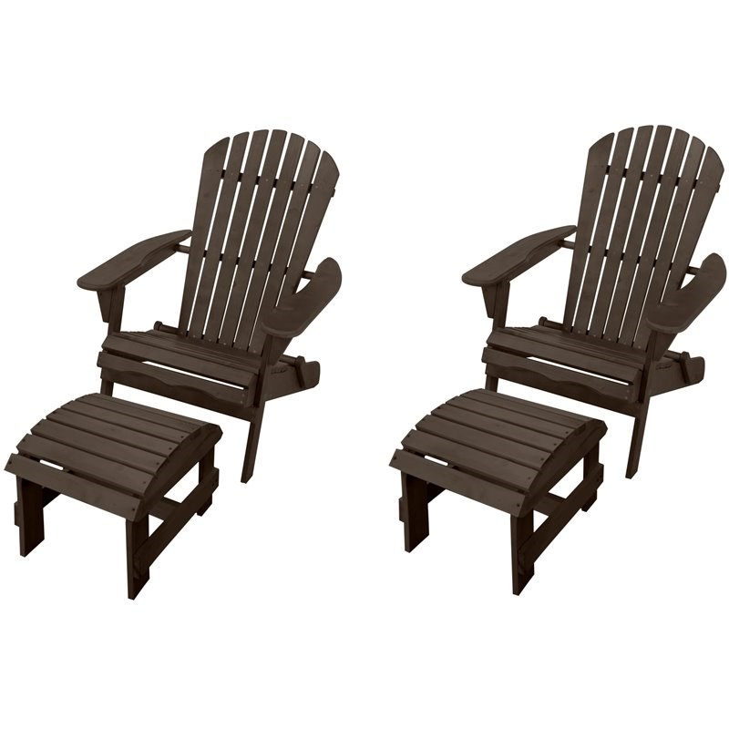 W Unlimited Oceanic 4 Piece Wooden Adirondack Chair and Ottoman Set in Dark Gray