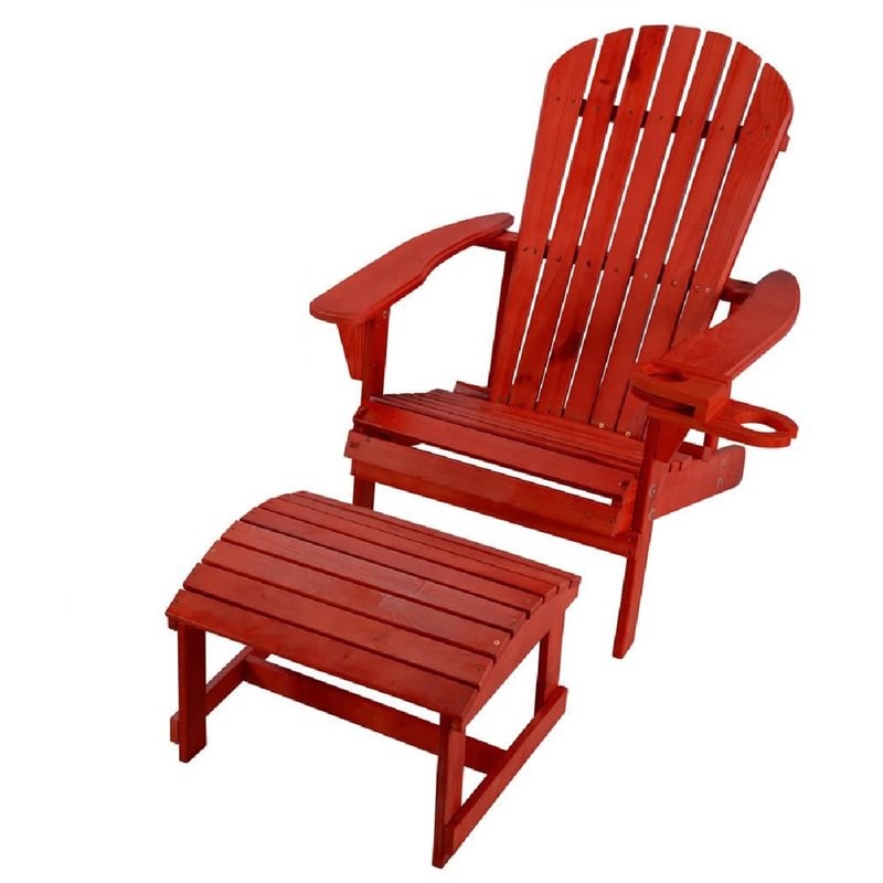 W Unlimited Earth Wooden Patio Adirondack Chair with Ottoman in Red