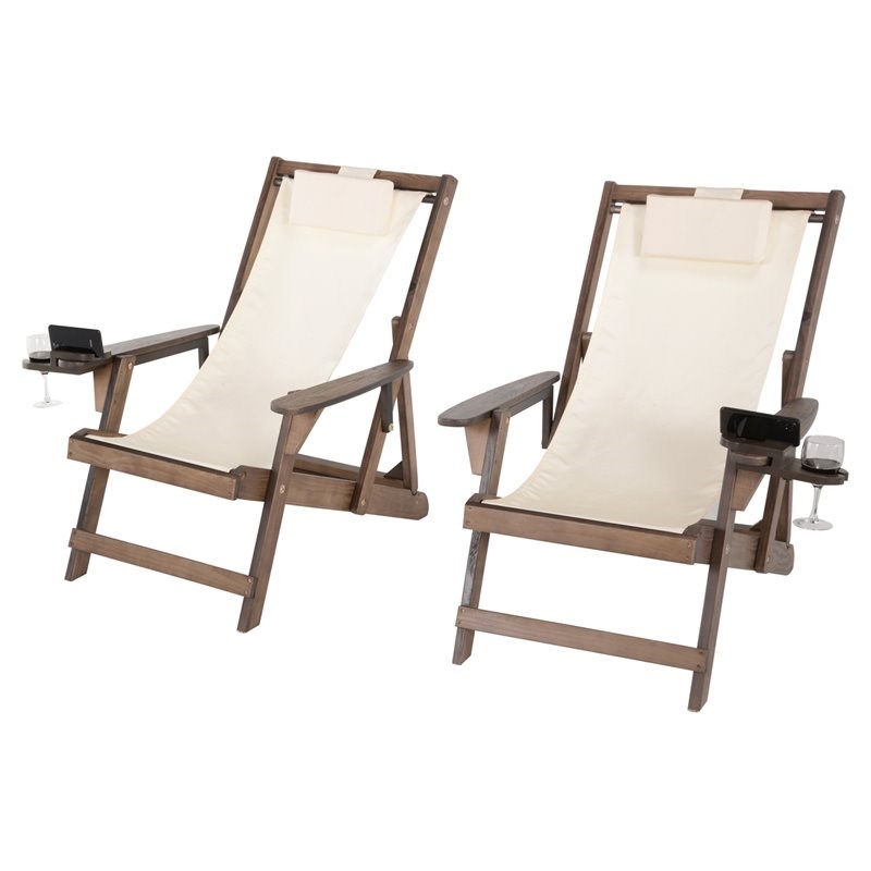 W Unlimited Romantic Wood Sling Chair w/ Cup & Wine Holder in Brown (Set of 2)