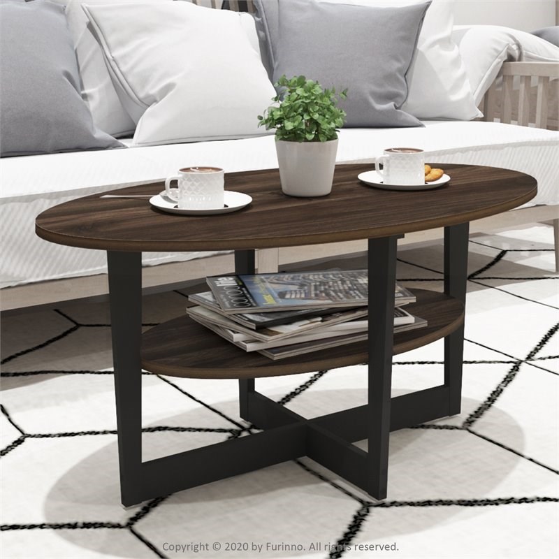 Furinno JAYA Engineered Wood Oval Coffee Table in Columbia Walnut/Black