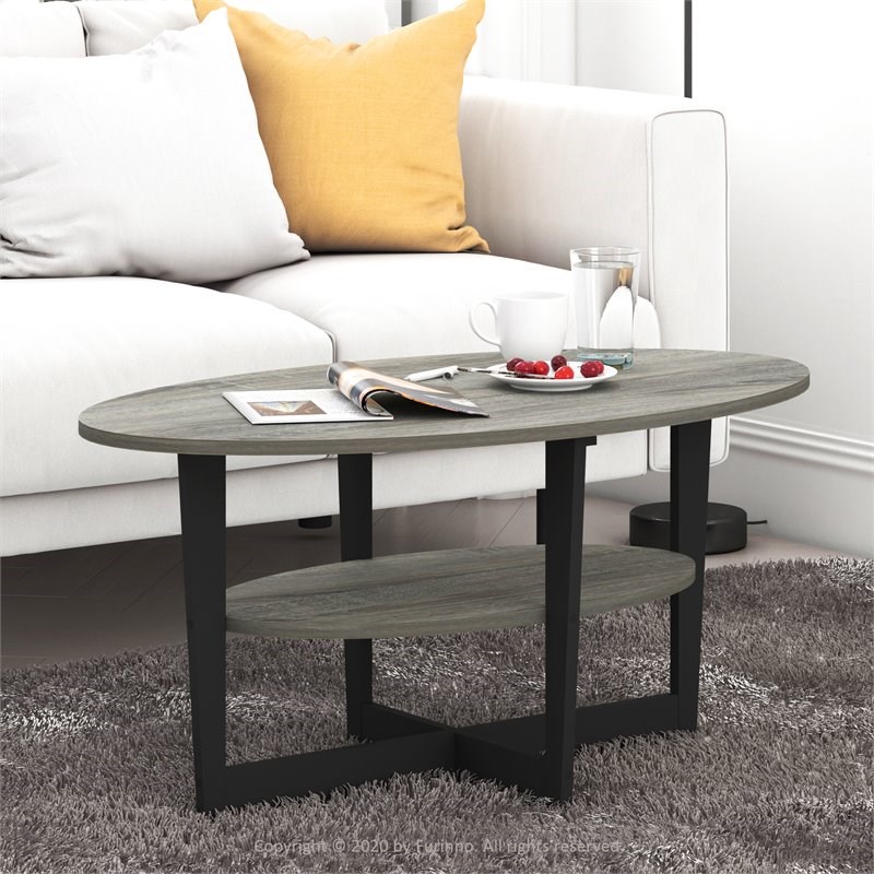 Furinno JAYA Engineered Wood Oval Coffee Table in French Oak Gray/Black