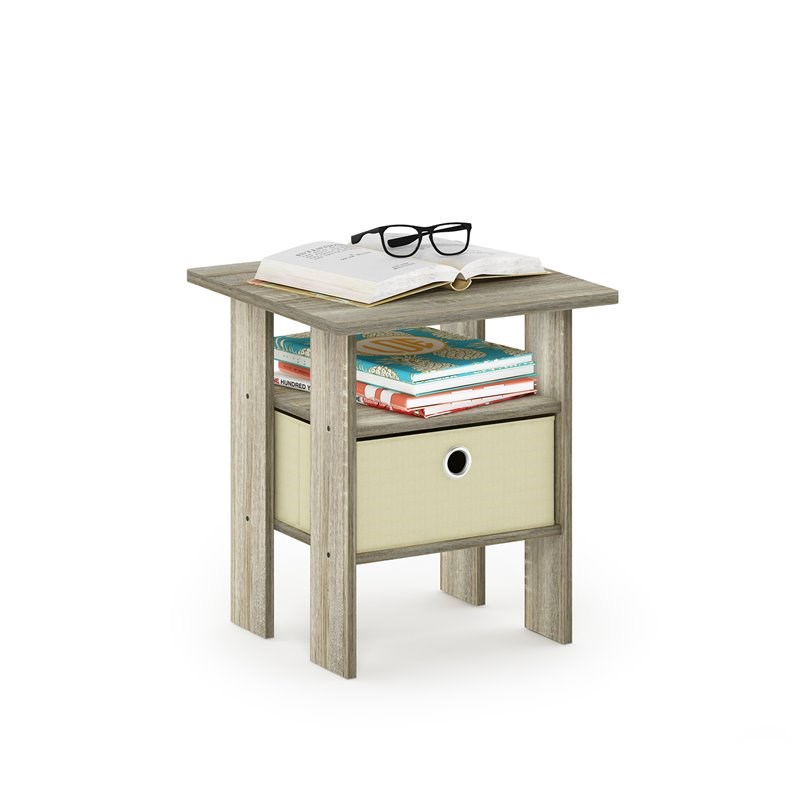 Furinno Andrey Engineered Wood End Table with Bin Drawer in Sonoma Oak/Ivory