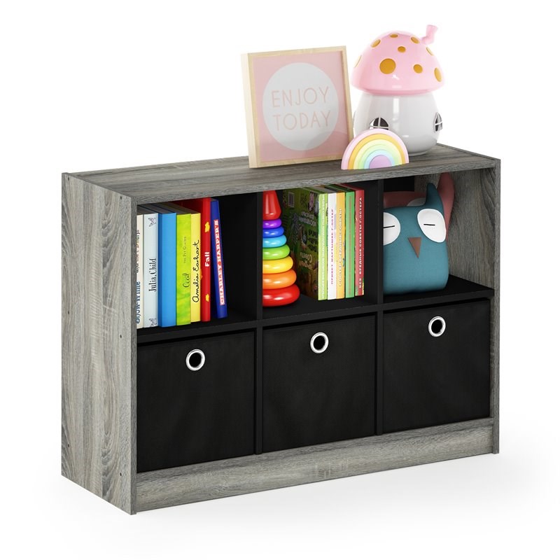 Furinno Basic Wood 3x2 Bookcase Storage w/Bins in French Oak Gray/Black