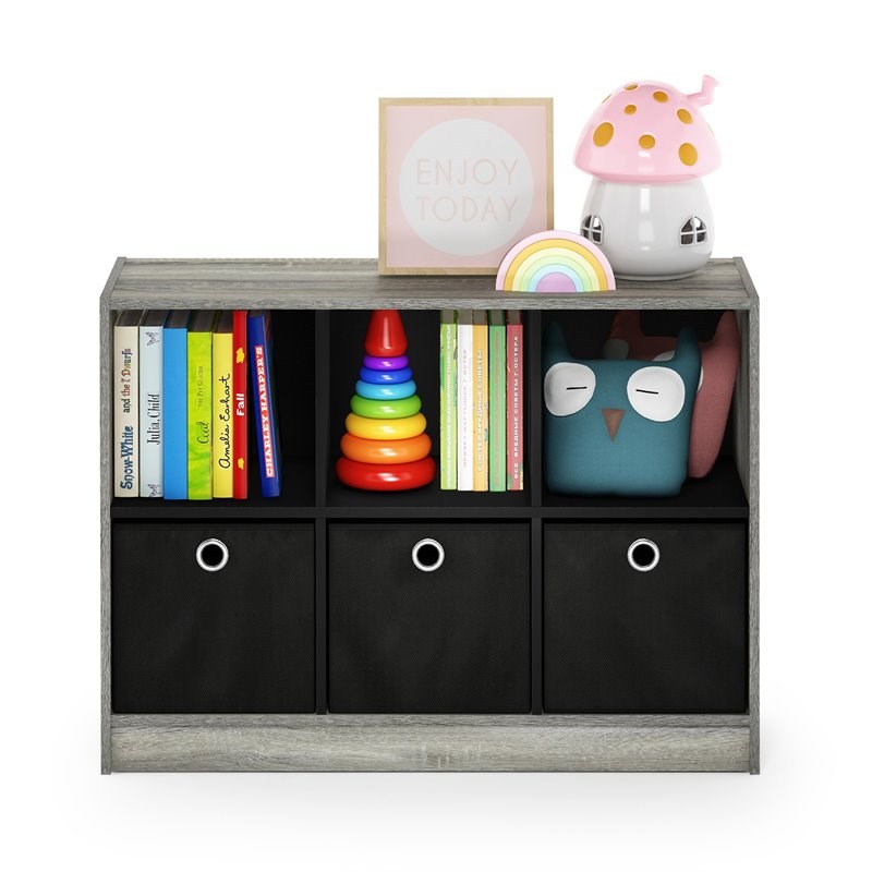 Furinno Basic Wood 3x2 Bookcase Storage w/Bins in French Oak Gray/Black