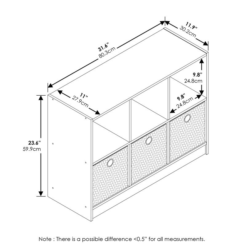 Furinno Basic Wood 3x2 Bookcase Storage w/Bins in French Oak Gray/Black
