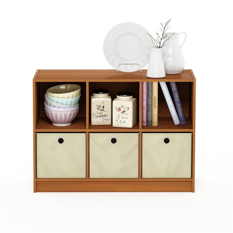 Furinno Basic Engineered Wood 3x2 Bookcase Storage w/Bins in Light Cherry/Ivory