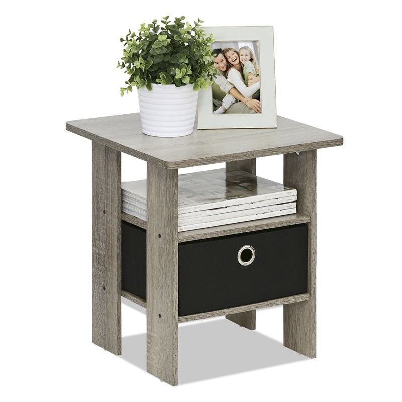 Furinno Andrey Engineered Wood End Table with Bin Drawer in French Oak Gray