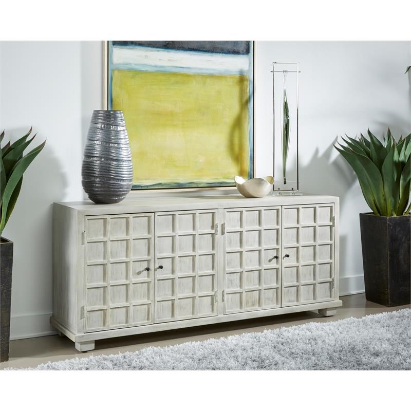 Treasure Trove Dillon Distressed White Washed Four Door Wood Credenza