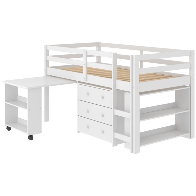 Donco Kids Twin Wooden Low Loft Bed with Desk and Storage in White Homesquare