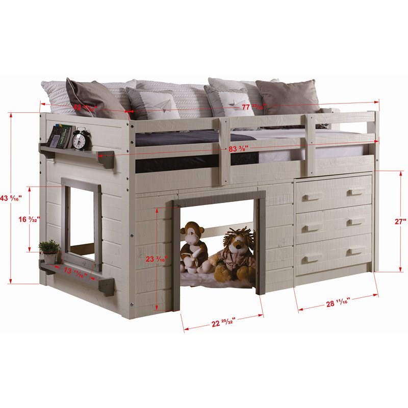 Donco Kids Sweet Dreams Twin Solid Wood Low Loft Bed in White and Gray