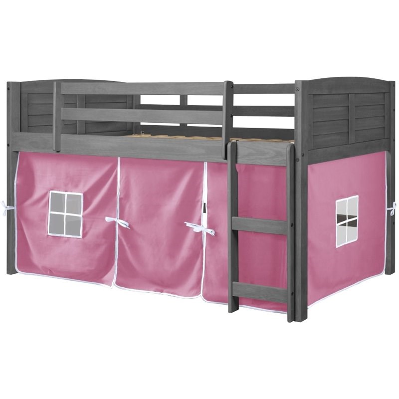 Donco Kids Louver Twin Solid Wood Low Loft Bed with Pink Tent in Antique Gray