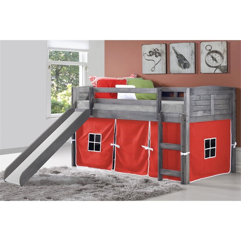 Donco Kids Louver Twin Solid Wood Low Slide Loft Bed with Red Tent in Gray