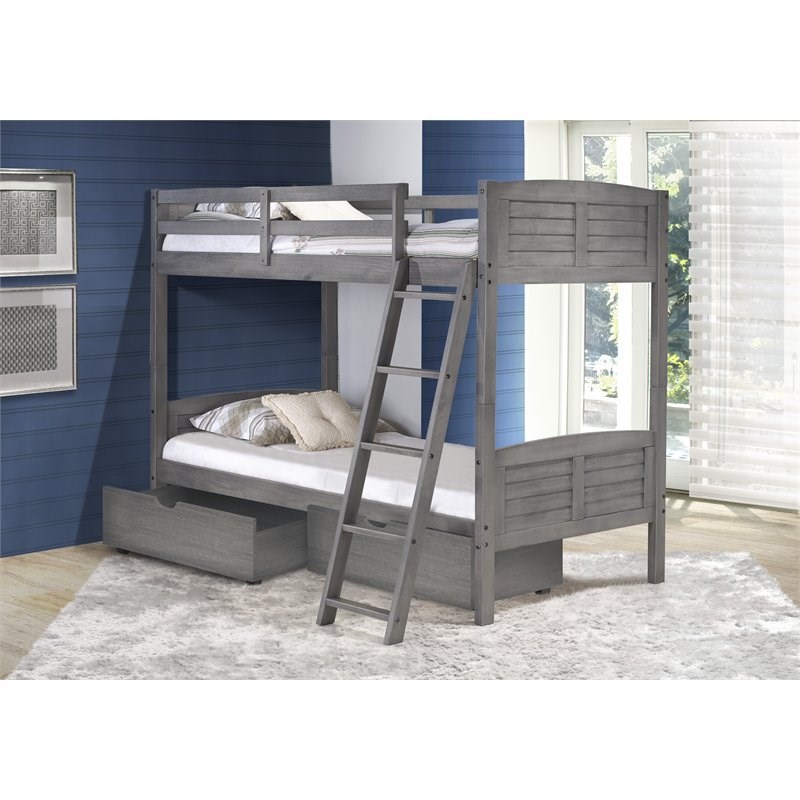 Donco Kids Louver Twin Over Twin Solid Wood Bunk Bed with Drawers in Gray