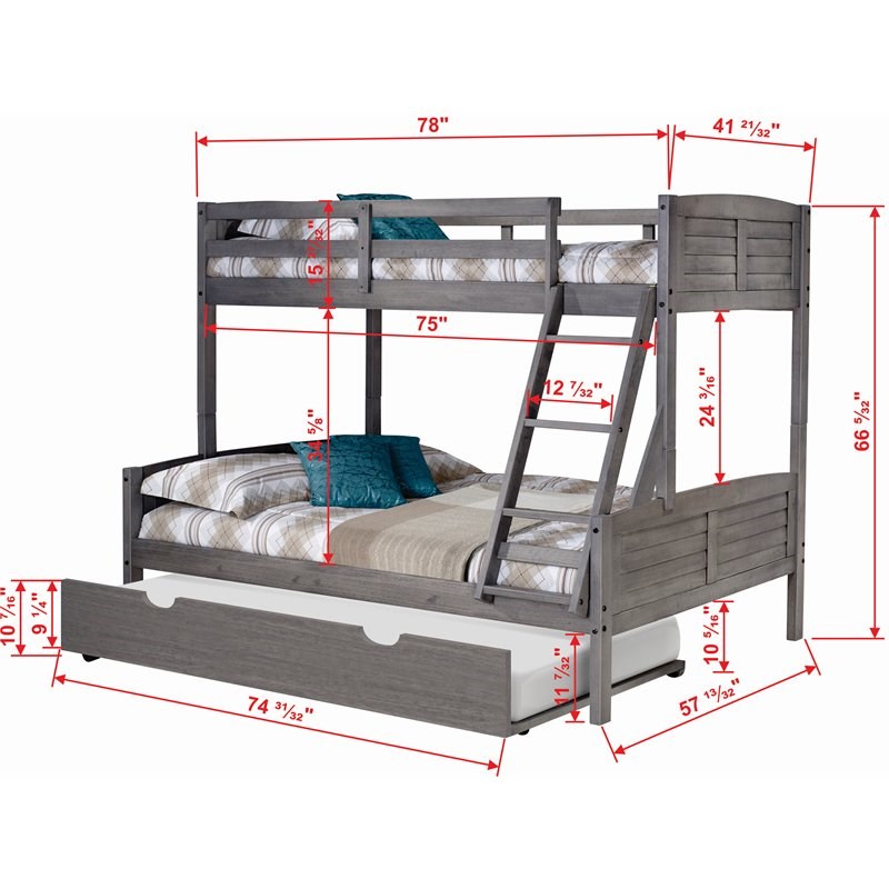 Donco Kids Louver Twin Over Full Solid Wood Bunk Bed with Trundle in Gray