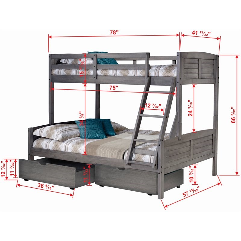 Donco Kids Louver Twin Over Full Solid Wood Bunk Bed with Drawers in Gray