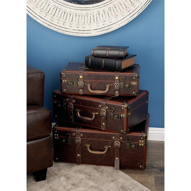 Leeds & Co Brown Leather Vintage Storage Trunk (Set of 3)