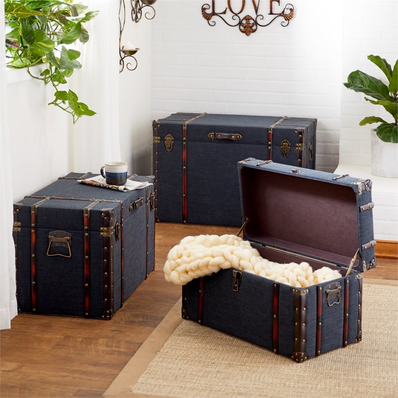 Leeds & Co Blue Wood Traditional Storage Trunk (Set of 3)