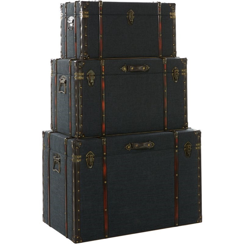 Leeds & Co Blue Wood Traditional Storage Trunk (Set of 3)