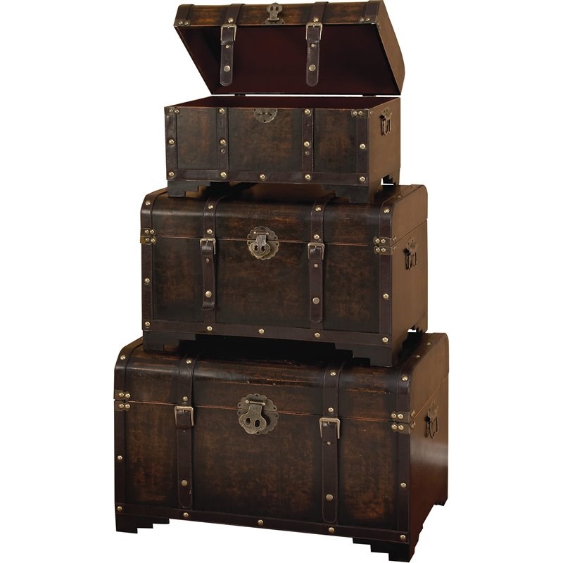 Leeds & Co Brown Wood Traditional Storage Trunk (Set of 3)