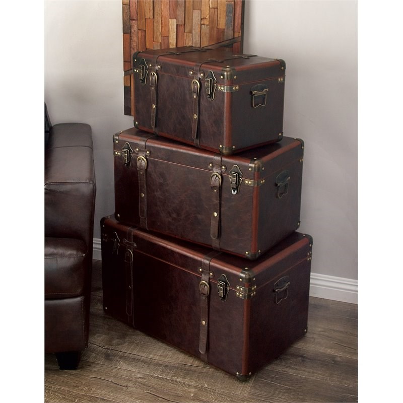 Leeds & Co Brown Leather Traditional Storage Trunk (Set of 3)