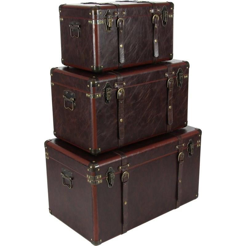 Leeds & Co Brown Leather Traditional Storage Trunk (Set of 3)