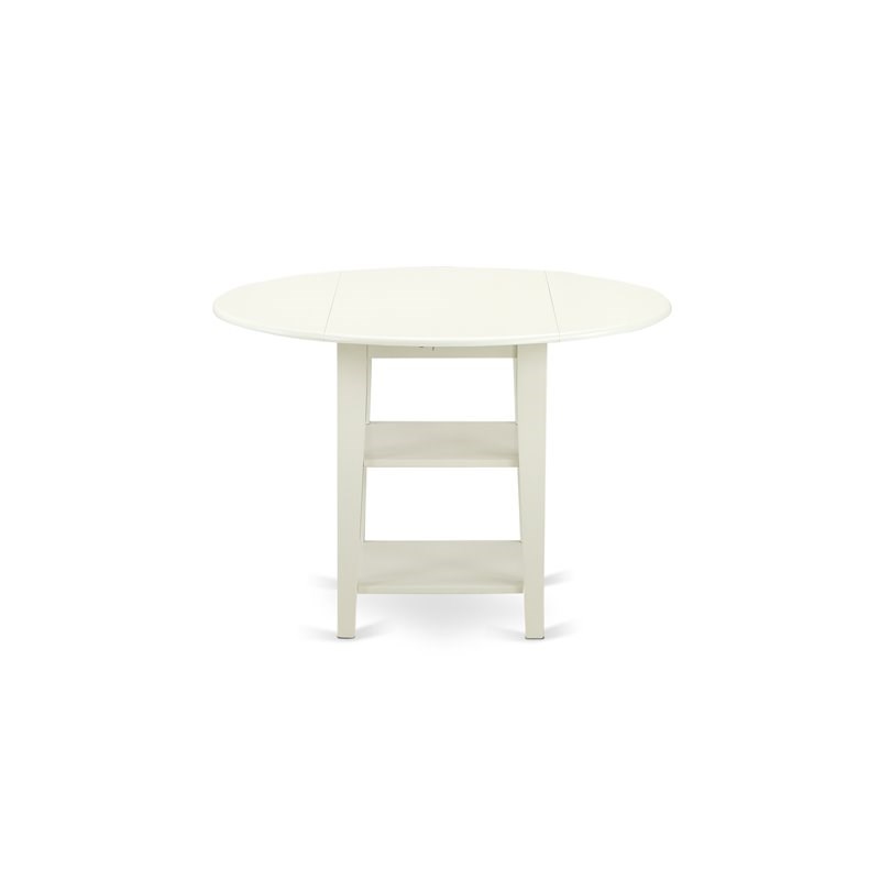 East West Furniture Sudbury Wood Dining Table with 2 Shelves in Linen White