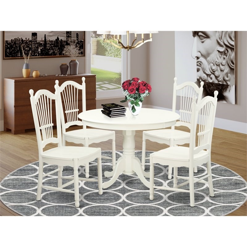 East West Furniture Hartland 5-piece Wood Dining Table and Chairs in Linen White