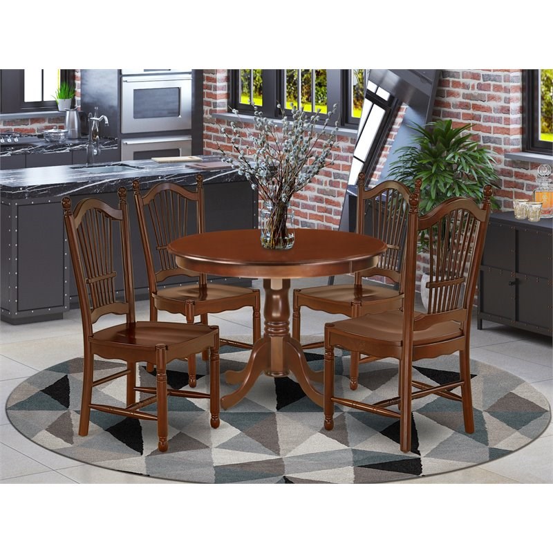 East West Furniture Hartland 5-piece Dining Set with Wood Seat in Mahogany
