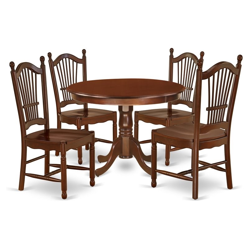 East West Furniture Hartland 5-piece Dining Set with Wood Seat in Mahogany