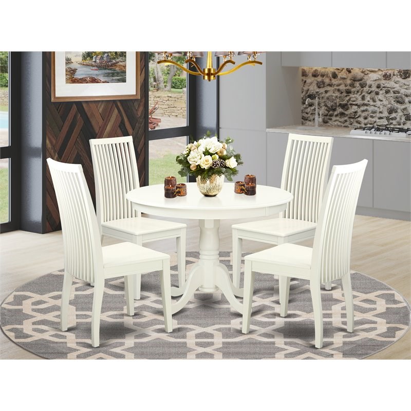 East West Furniture Hartland 5-piece Dining Set with Wood Seat in Linen White