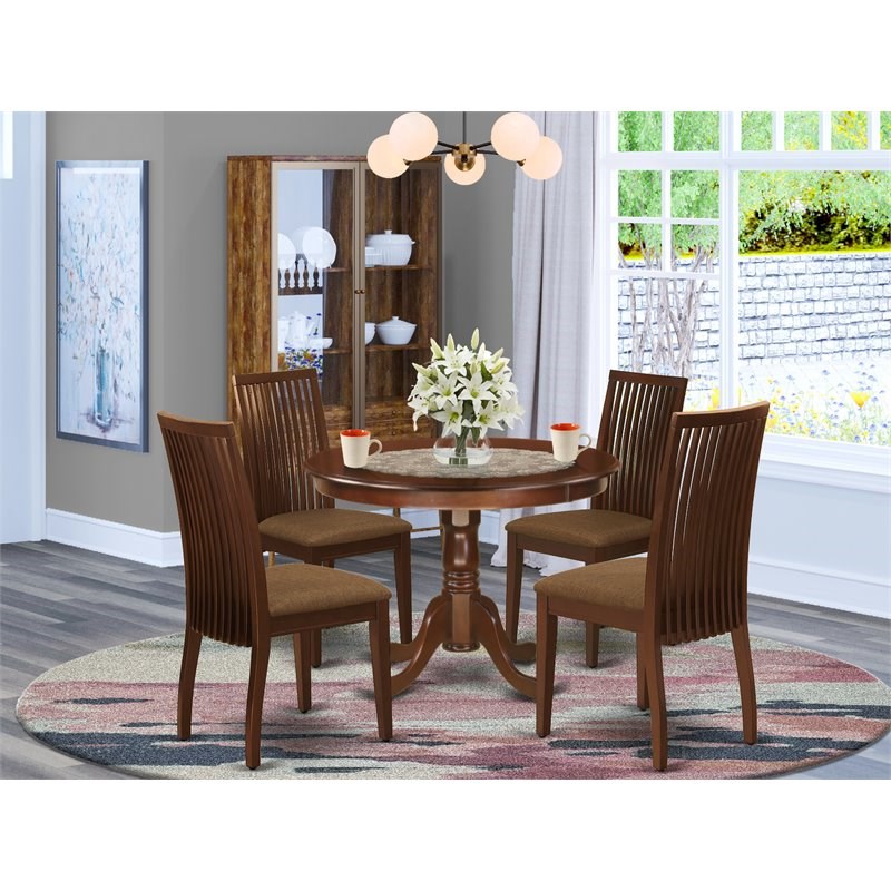 East West Furniture Hartland 5-piece Wood Dining Set w/ Fabric Seat in Mahogany