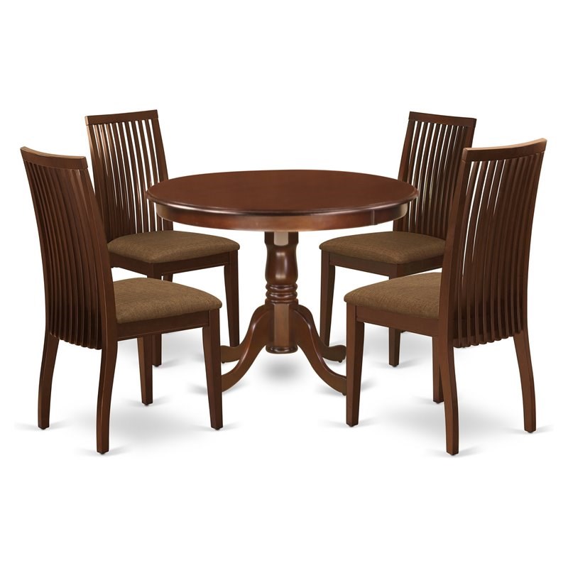 East West Furniture Hartland 5-piece Wood Dining Set w/ Fabric Seat in Mahogany