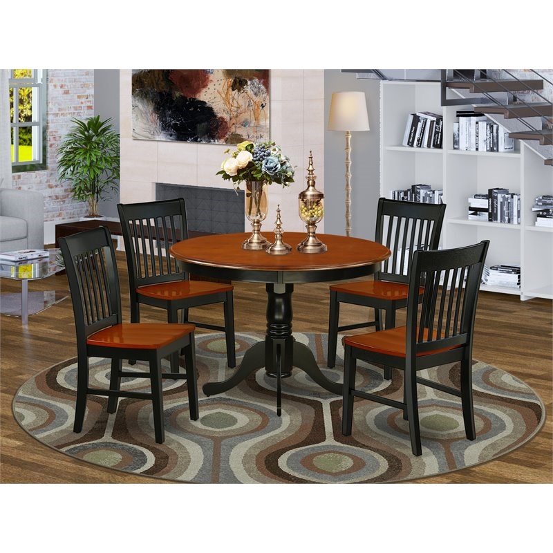 East West Furniture Hartland 5-piece Dining Set w/ Round Table in Black/Cherry