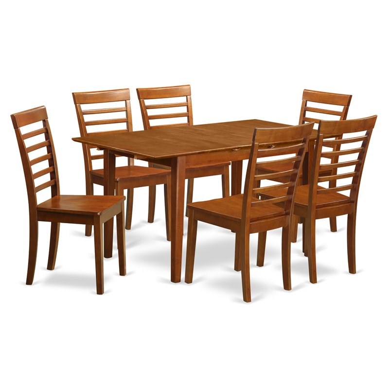 East West Furniture Picasso 7-piece Dining Set with Wood Chairs in Saddle Brown