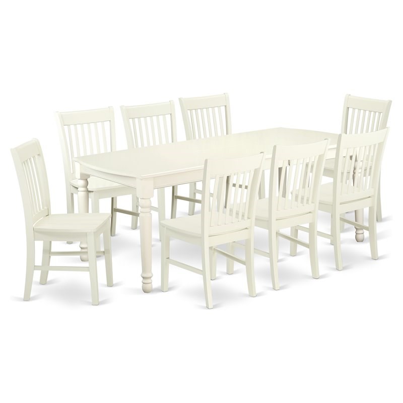 East West Furniture Dover 9-piece Wood Table and Dining Chairs in Linen White