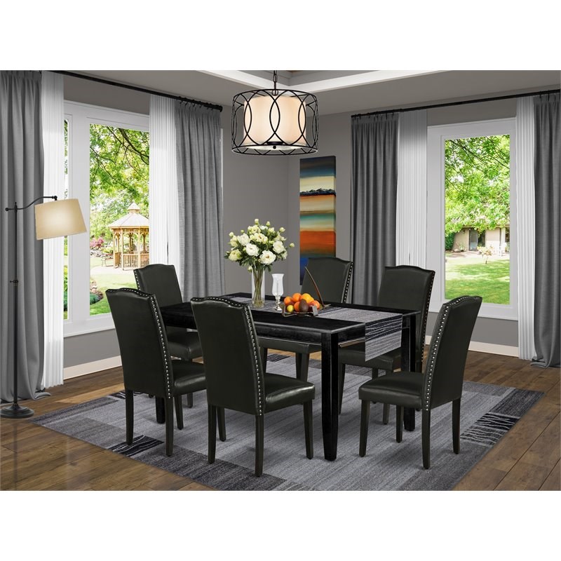 East West Furniture Dudley 7-piece Wood Dining Set with Leather Seat in Black