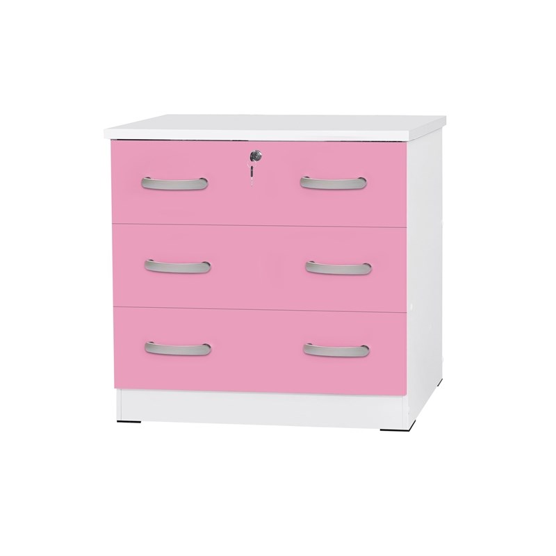 Better Home Products Cindy Wooden 3 Drawer Chest Bedroom Dresser in White & Pink