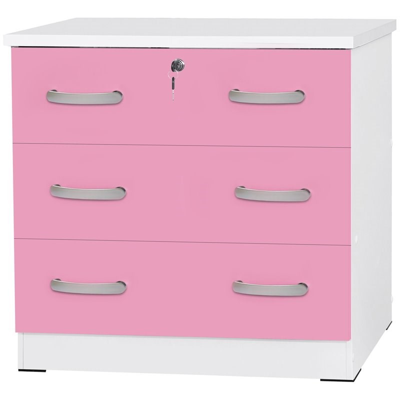 Better Home Products Cindy Wooden 3 Drawer Chest Bedroom Dresser in White & Pink