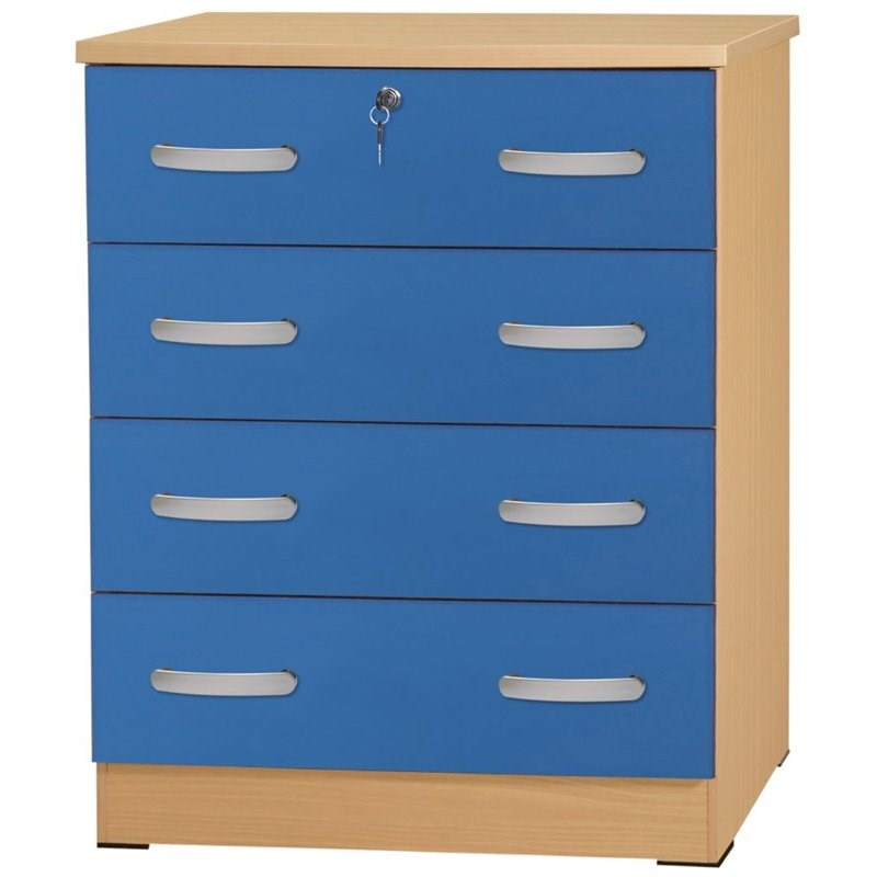 Better Home Products Cindy 4 Drawer Chest Wooden Dresser with Lock Beech & Blue